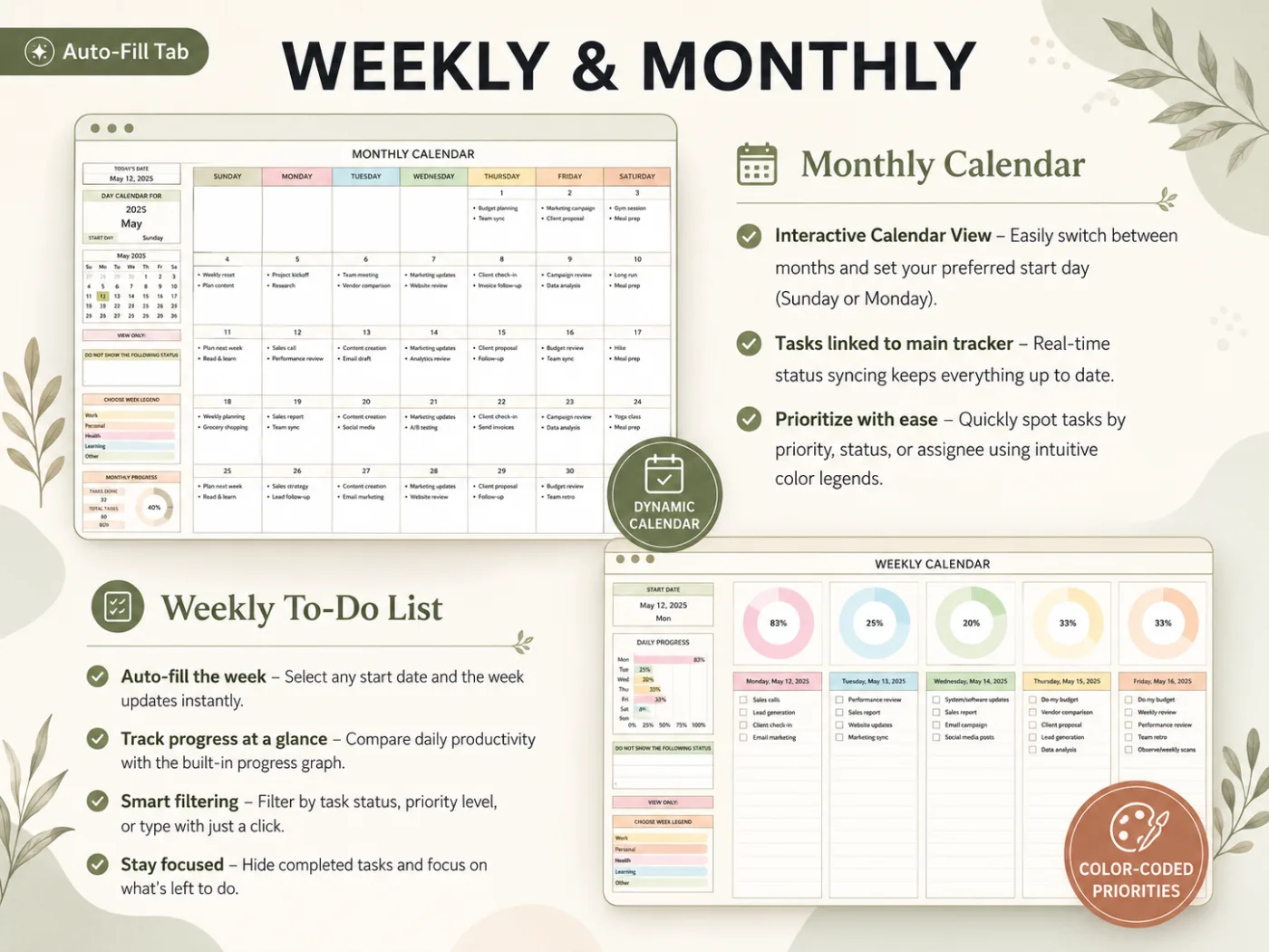 Monthly and weekly calendar views filled from the task list, with a progress count for the month and color-coded categories by type