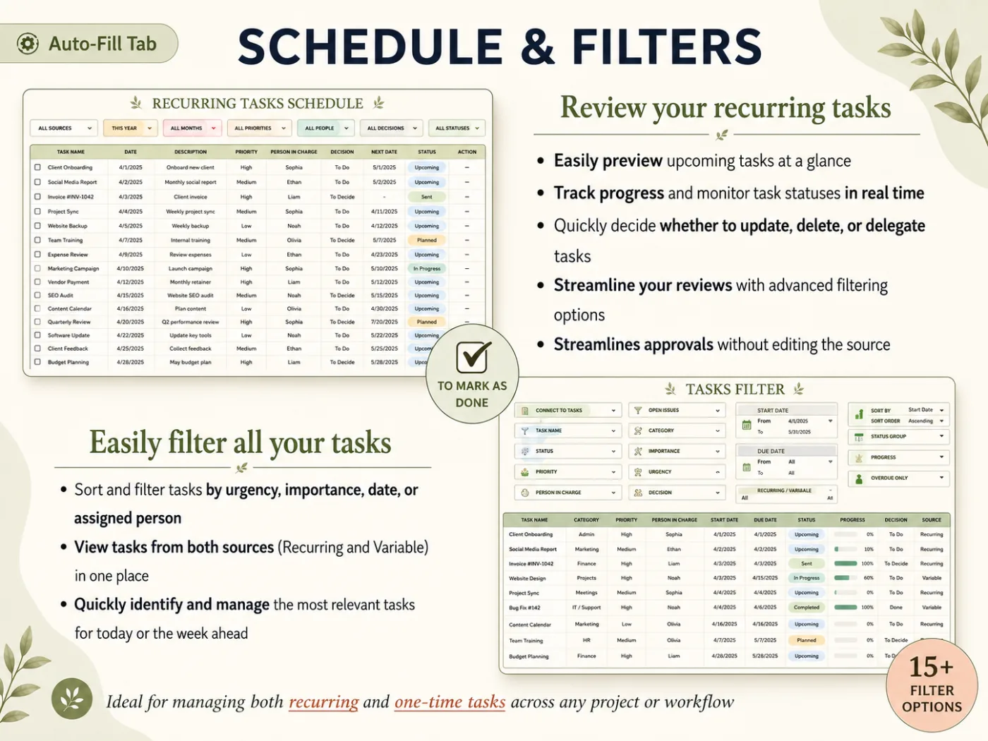 Schedule and filter tabs: recurring tasks listed with their next date, and a filter panel that sorts tasks by status, priority, owner and dates